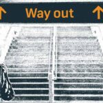 An illustration of someone in a railway station with a sign that says 'way out' which points to stairs